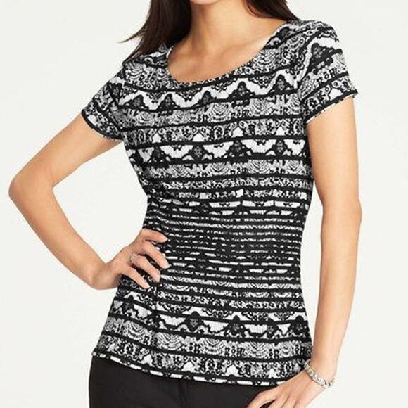 Ann Taylor Stretch Blouse Delicate Lace Print Peplum top - Fluted Bottom SZ S - Picture 10 of 10